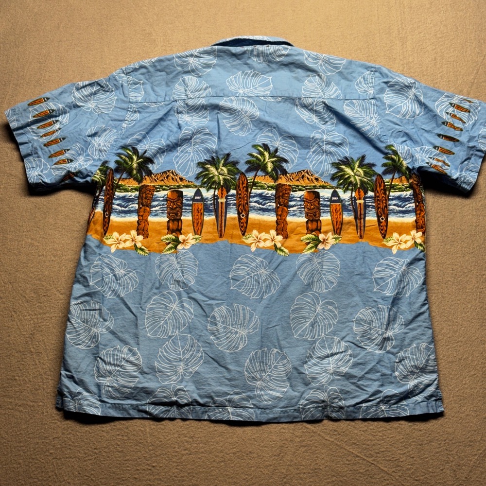 Favant Hawaii XXL Blue Hawaiian Shirt Tiki Surfboard Border Print Cotton - Picture 4 of 8